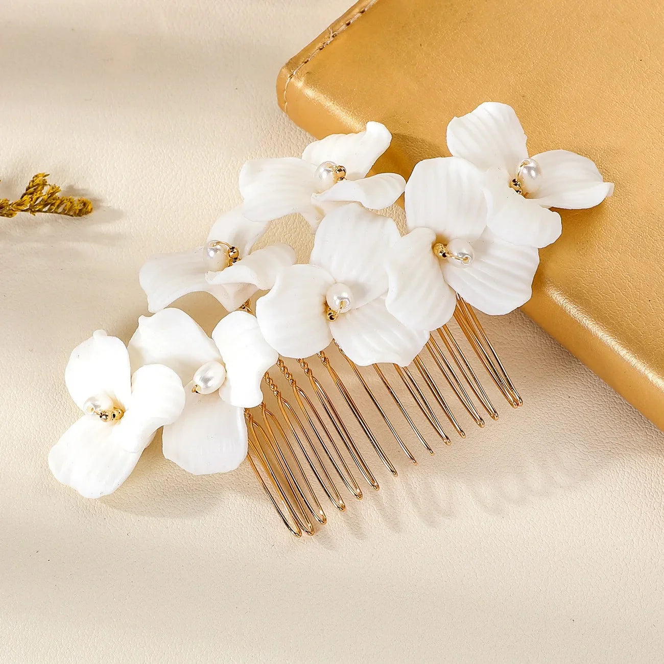 Porcelain Flower Hair Comb Pin Clip Vintage Gold Color Head Pieces For Women Brides Hairpins Bridal Jewelry Wedding Accessories