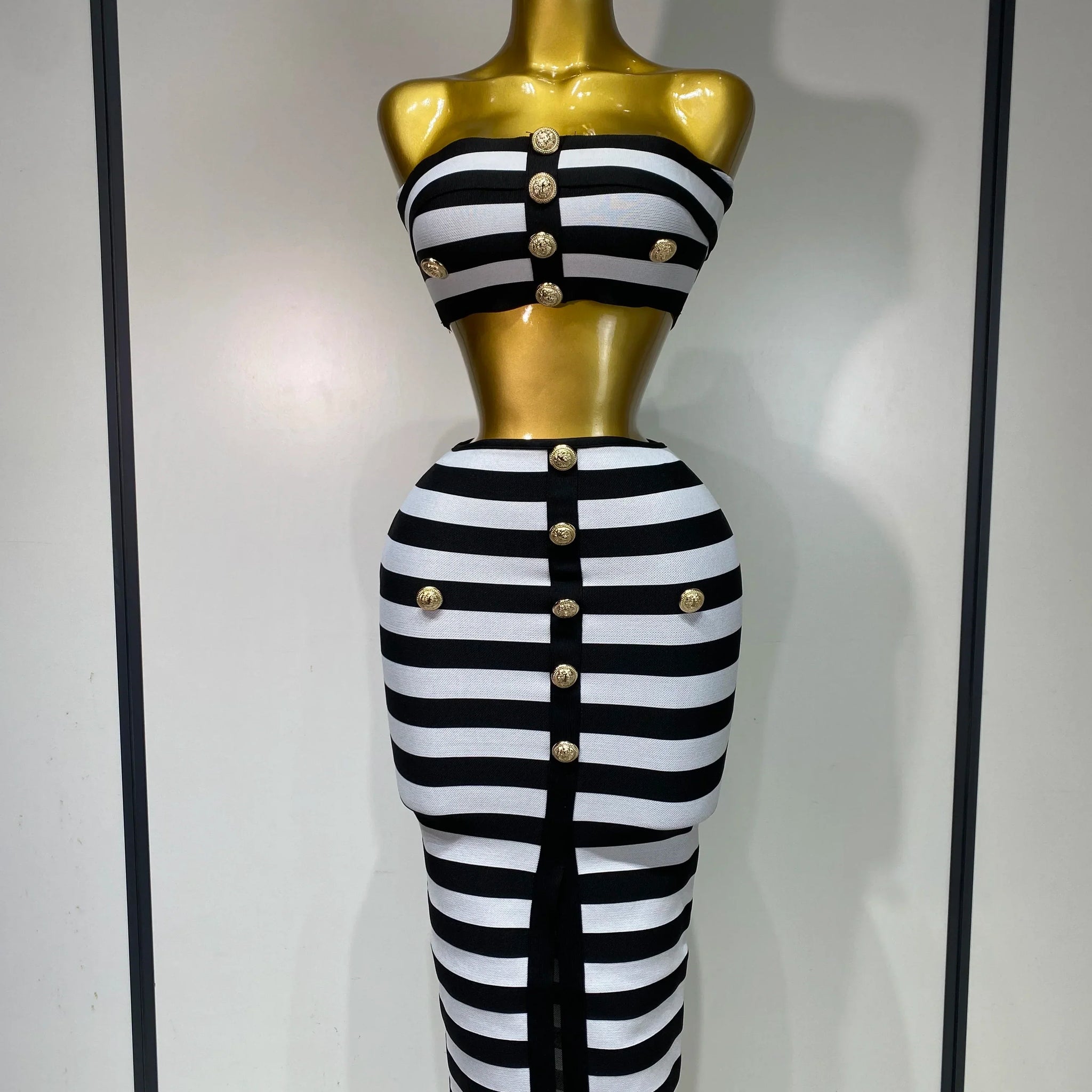 Women Sexy Off Shoulder Striped Button Two Piece Mini Bandage Set Celebrity Designer Evening Party Luxury Birthday Outfit black