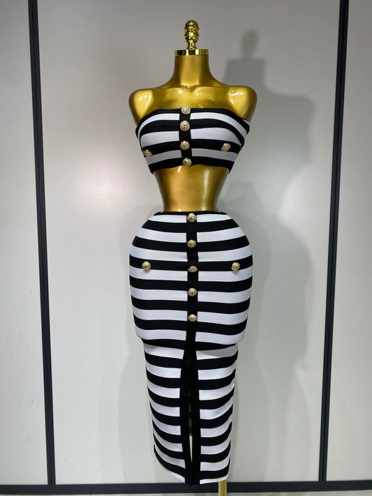 Women Sexy Off Shoulder Striped Button Two Piece Mini Bandage Set Celebrity Designer Evening Party Luxury Birthday Outfit black
