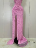 Luxury Pink Rhinestones Split Floor Length Dress Women Sexy Evening Celebrate Birthday Party Dress Photoshoot Stage Wear