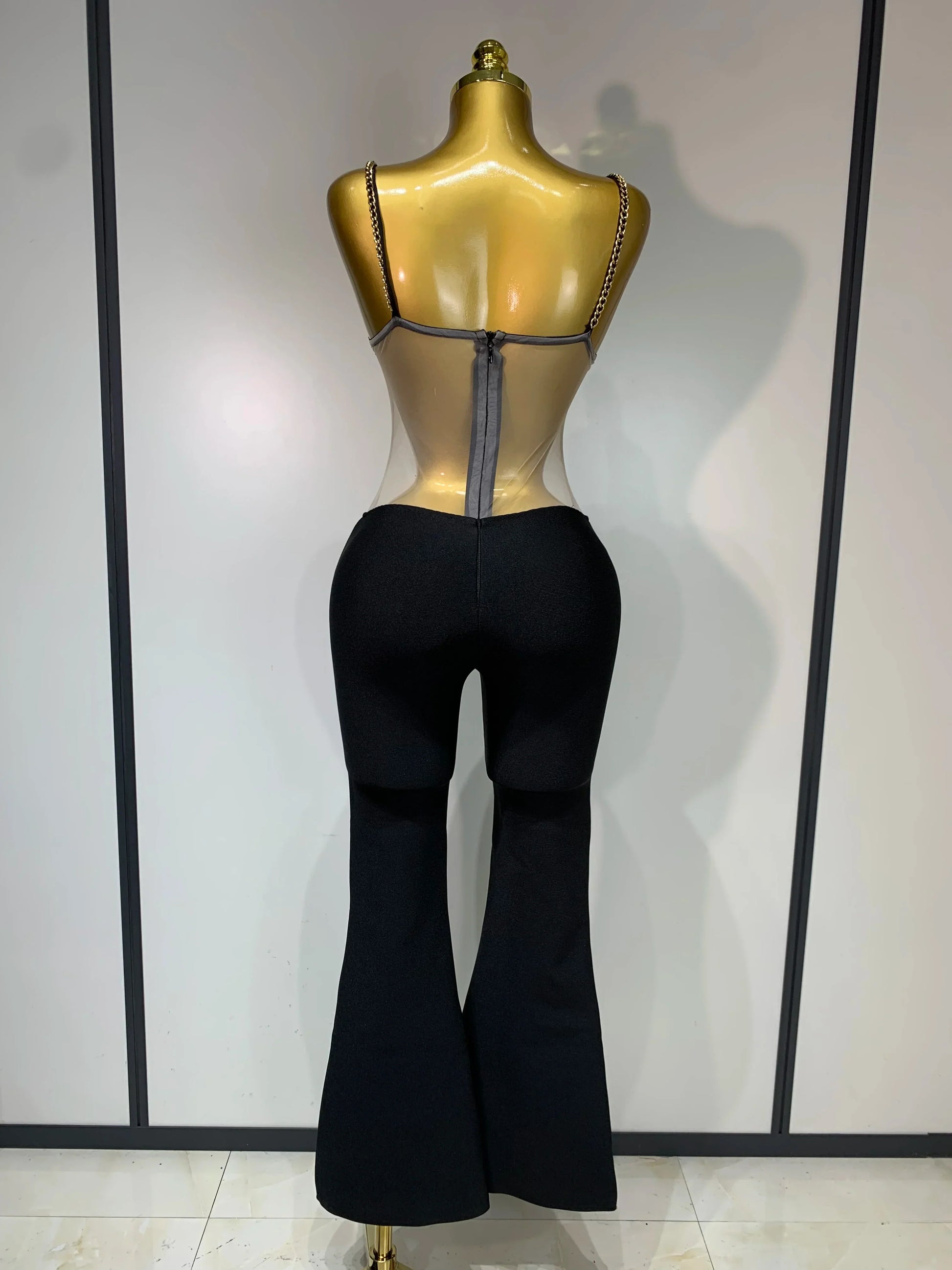 Women Luxury Sexy Sleeveless Mesh Chain Black Bodycon Bandage Jumpsuit Fashion Party Celebrity Designer High Street Rompers