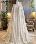Chiffon Muslim Wedding Dresses with Cape Lace Appliques High Neck Arabic Dubai Long Sleeves Bridal Gowns Customized WHITE