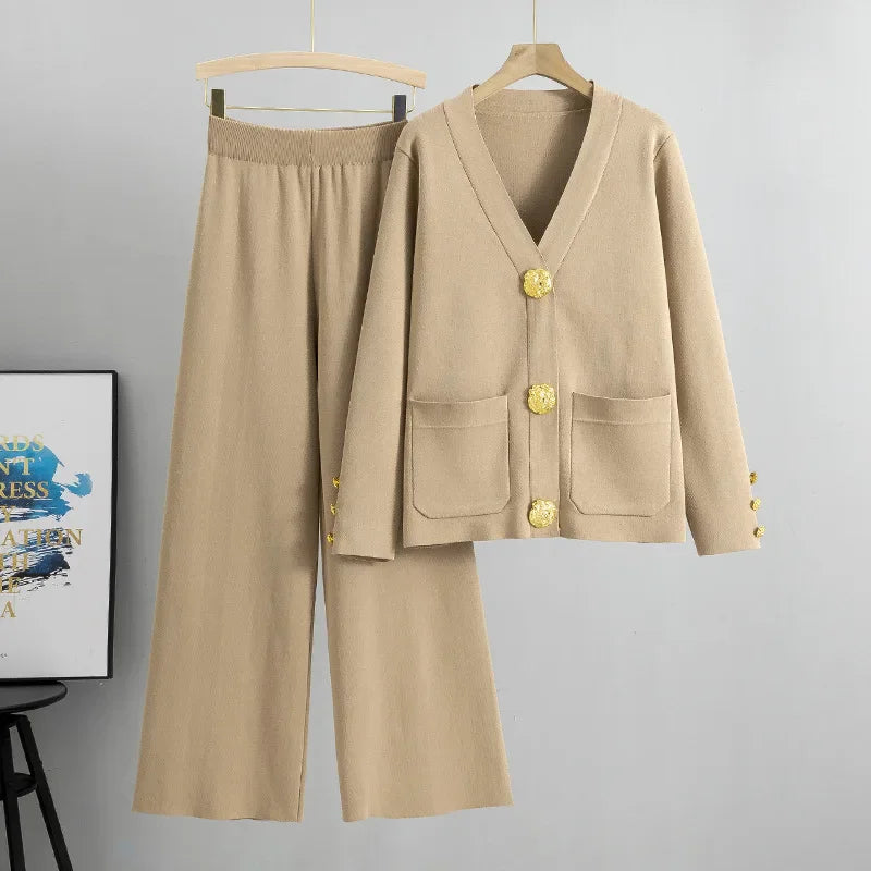 Casual Women's Knitted Pants Set V-neck Long sleeved Single breasted Knitted Sweater Cardigan+Flare Pants Two piece Set Khaki