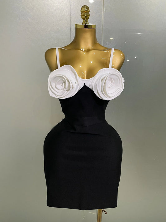 Women Celebrity Sexy Sleeveless 3D Flower Patchwork Mini Bodycon Bandage Short Dress Elegant Evening Club Party Dress black