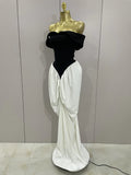 Sexy V Neck off-The-Shoulder Black And White Splicing Mermaid Floor-length dress Women Formal Evening Birthday Party Dress