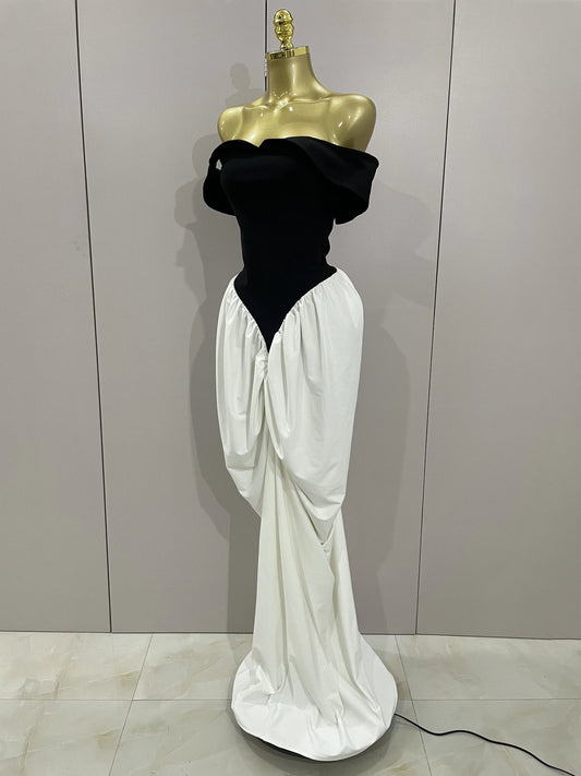 Sexy V Neck off-The-Shoulder Black And White Splicing Mermaid Floor-length dress Women Formal Evening Birthday Party Dress