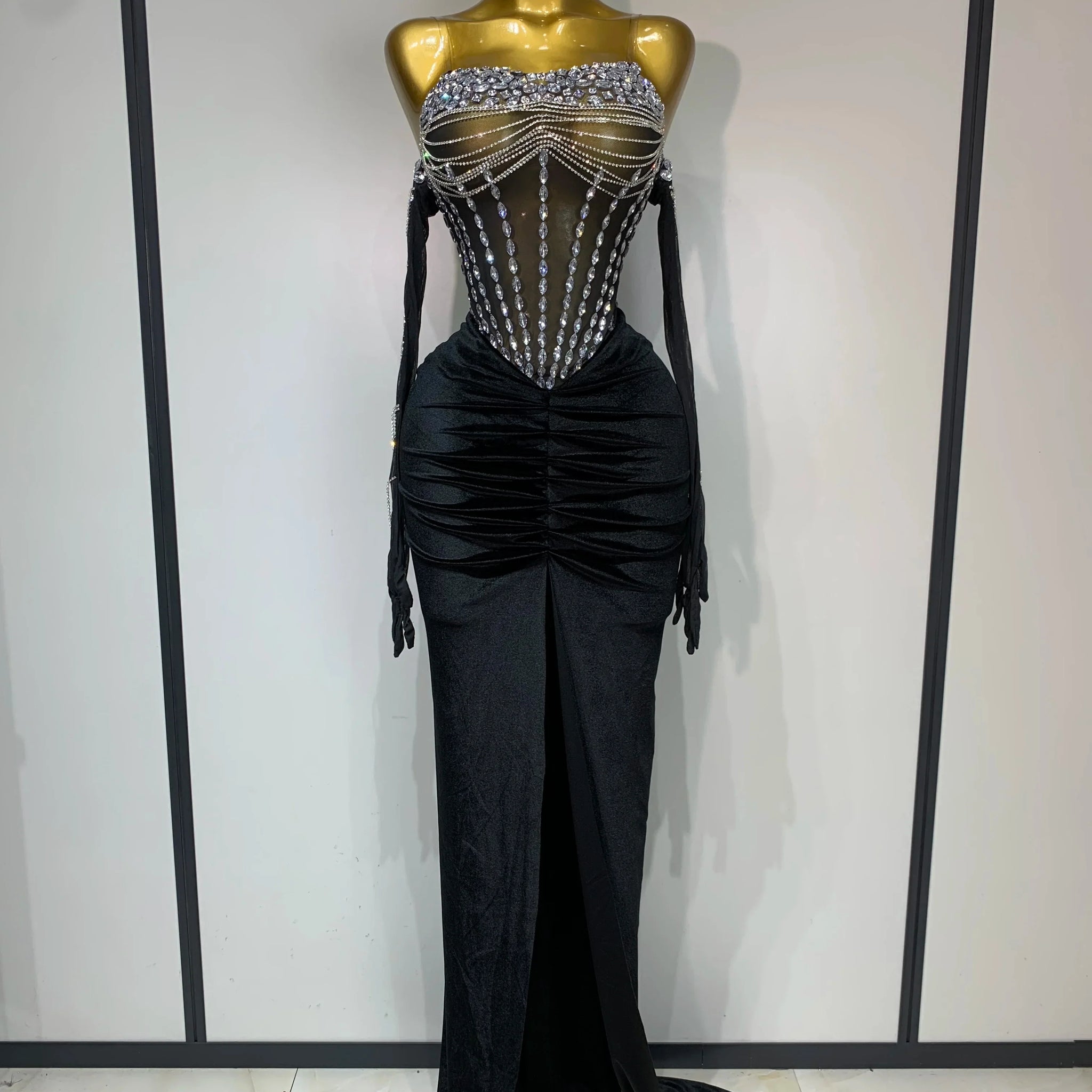 Women Sexy Strapless Rhinestone bodysuit Skirt Three Piece Set Celebrity Elegant Evening Party Birthday Dresses Stage Costume
