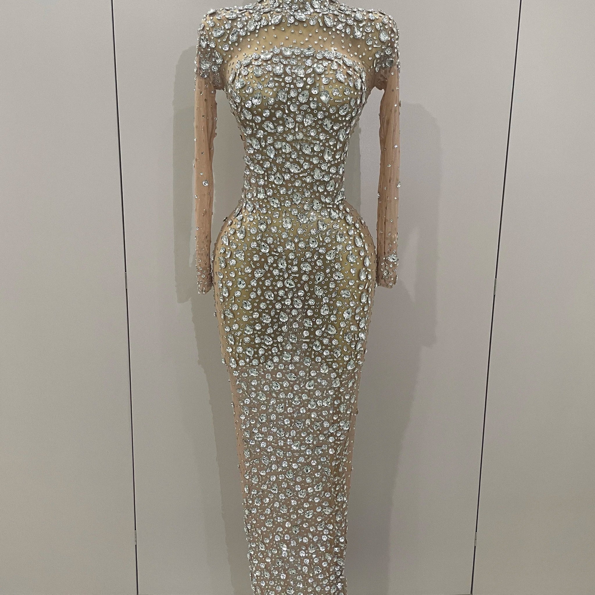 Sparkly Silver Big Rhinestone Sexy Transparent Long Dress Women Evening Birthday Party Celebrate Club Dancer Stage Costume Silver