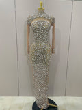 Sparkly Silver Big Rhinestone Sexy Transparent Long Dress Women Evening Birthday Party Celebrate Club Dancer Stage Costume Silver