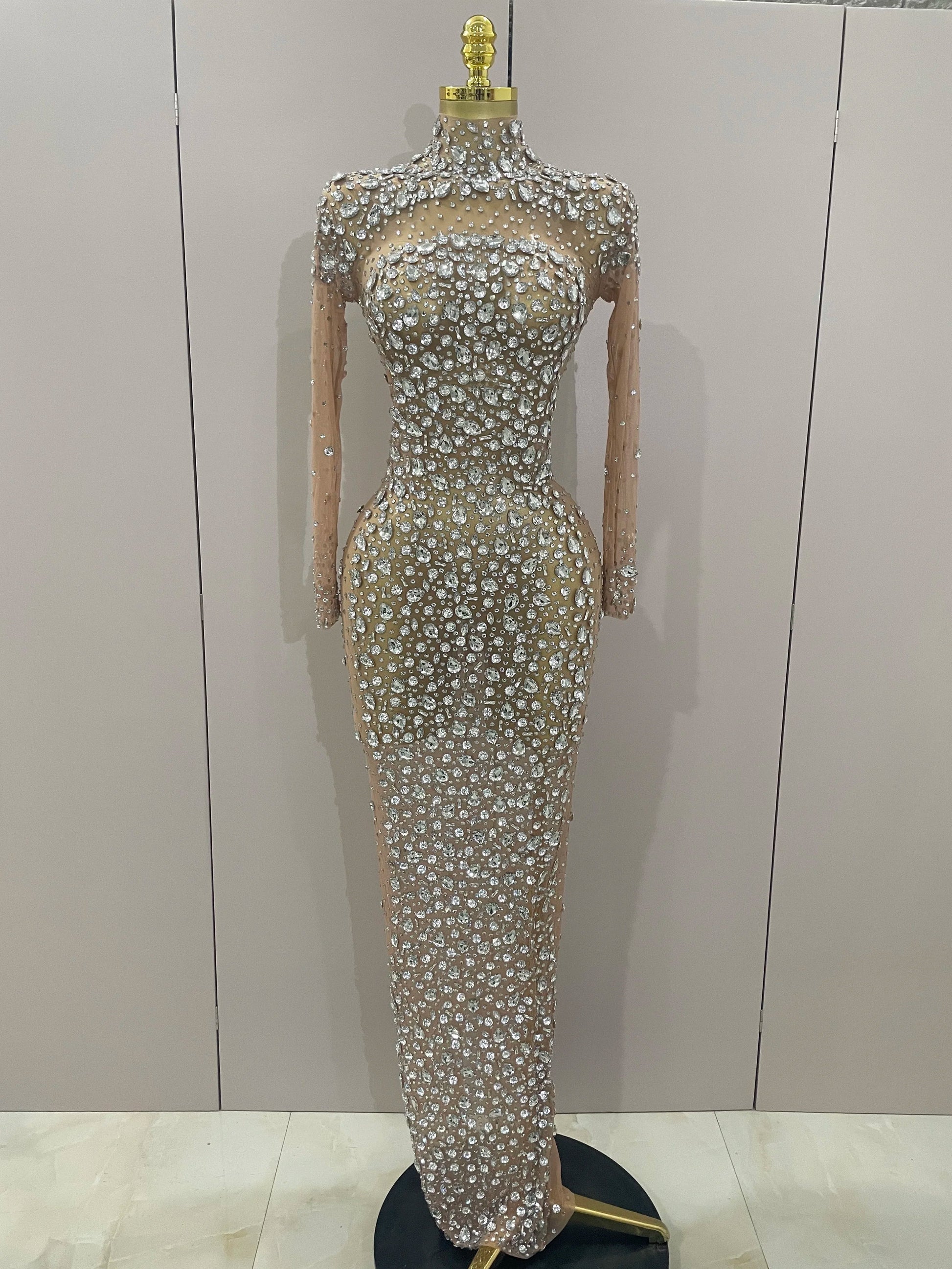 Sparkly Silver Big Rhinestone Sexy Transparent Long Dress Women Evening Birthday Party Celebrate Club Dancer Stage Costume Silver
