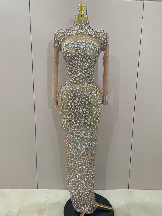Sparkly Silver Big Rhinestone Sexy Transparent Long Dress Women Evening Birthday Party Celebrate Club Dancer Stage Costume Silver