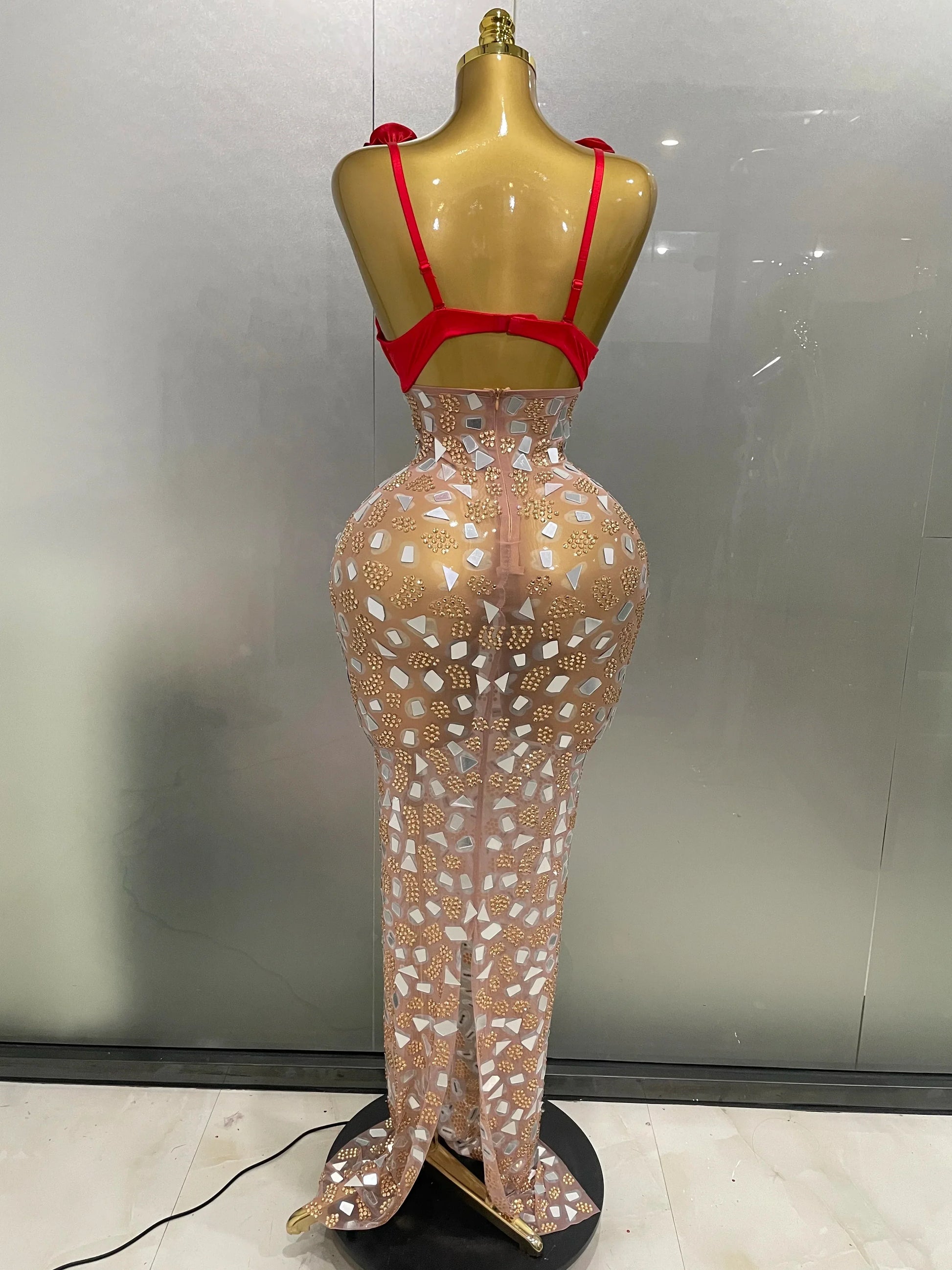 Sexy Sparkly Rhinestones Mesh Mirrors Red Roses Long Dress Women Elegant Evening Party Club Stage performance Costume