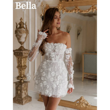 Flora Lace Appliques Off-Shoulder A-Line Tulle Mini Prom Dress with Detachable Sleeves and Lace-Up Back As Picture