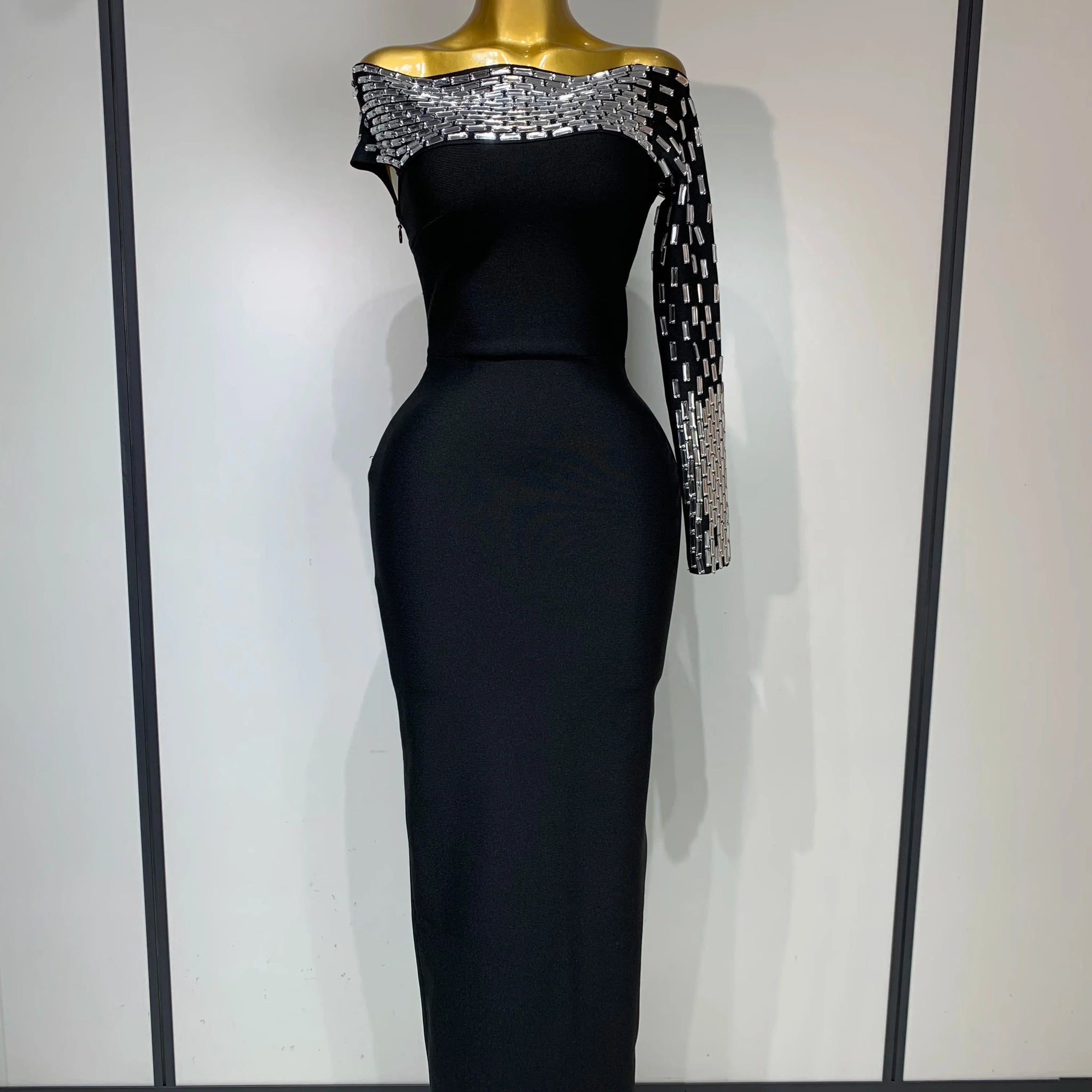 Women Celebrity Sexy Off-shoulder Diamonds Black Maxi Long Bandage Dress Evening Party Celebirty Elegant Stage Performance Dress black