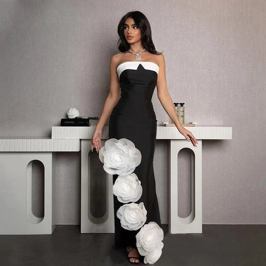 Black Color Women Sexy Off the Shoulder Bodycon Bandage Long Dress White Flowers Fashion Celebrate Evening Party Outfit black