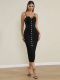 Sexy Women'S Bandage Dress Spaghetti Strap Sleeveless Rhinestone Button Design Bodycon Backless Split Midi Dresses Vestidos black