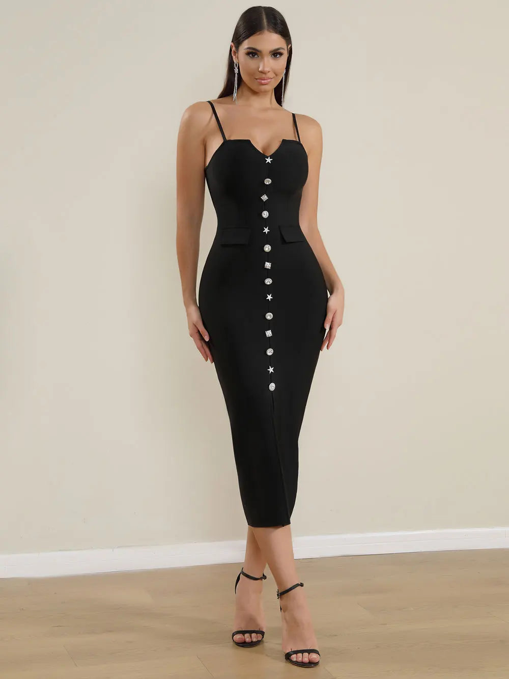Sexy Women'S Bandage Dress Spaghetti Strap Sleeveless Rhinestone Button Design Bodycon Backless Split Midi Dresses Vestidos black