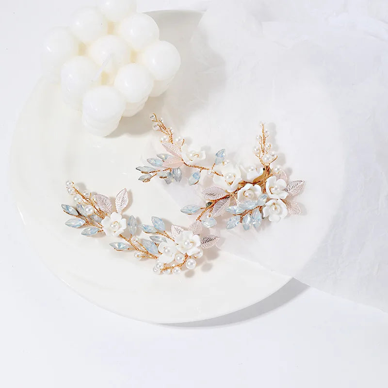 Porcelain Flower Hair Clip Pin Pearl Opal Hairpin Brides Women Vintage Gold Color Headpieces Wedding Accessories Bridal Jewelry