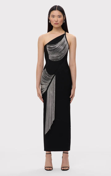 Arrival Women Sexy Halter Off the Shoulder Silver Tassels Bodycon Long Bandage Dress Evening Party Celebrate Cocktail Wear black