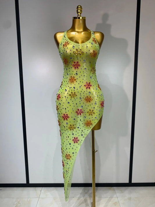 Women Sexy Mesh See Through Stretch Sparkly Rhinestone Performance Costume Stage Dancer Nightclub Party Luxury Birthday Dress Yellow