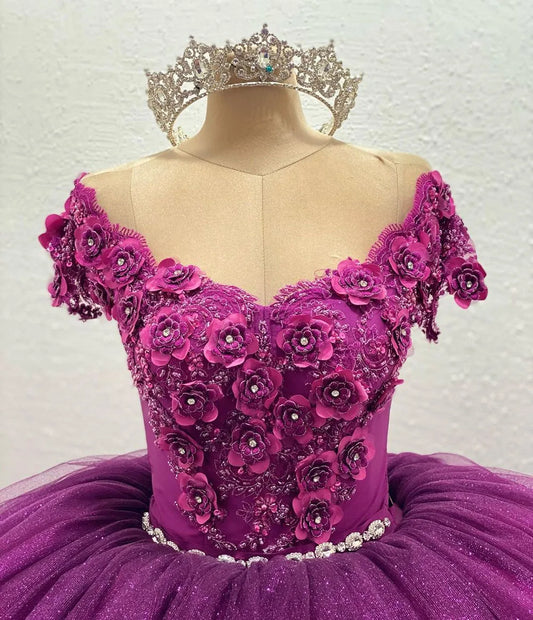 Glittering Crystal Floral Quinceanera Dresses Vestidos De 15 Anos 3D Flowers Lace Applique Princess Birthday Gowns