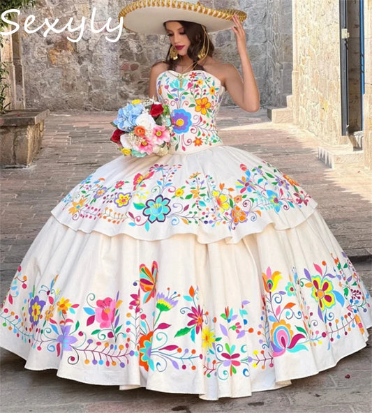 Customized Mexican Charro Quinceanera Dresses 2025 Sweetheart Ball Gown Lace Up Colorful Embroidery Fifteen Birthday Party Dress
