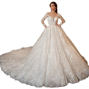 White A-line V-neck Wedding Dress with Italian Lace and Tulle, Long Sleeve, Train, Bespoke Bride Gown As Picture