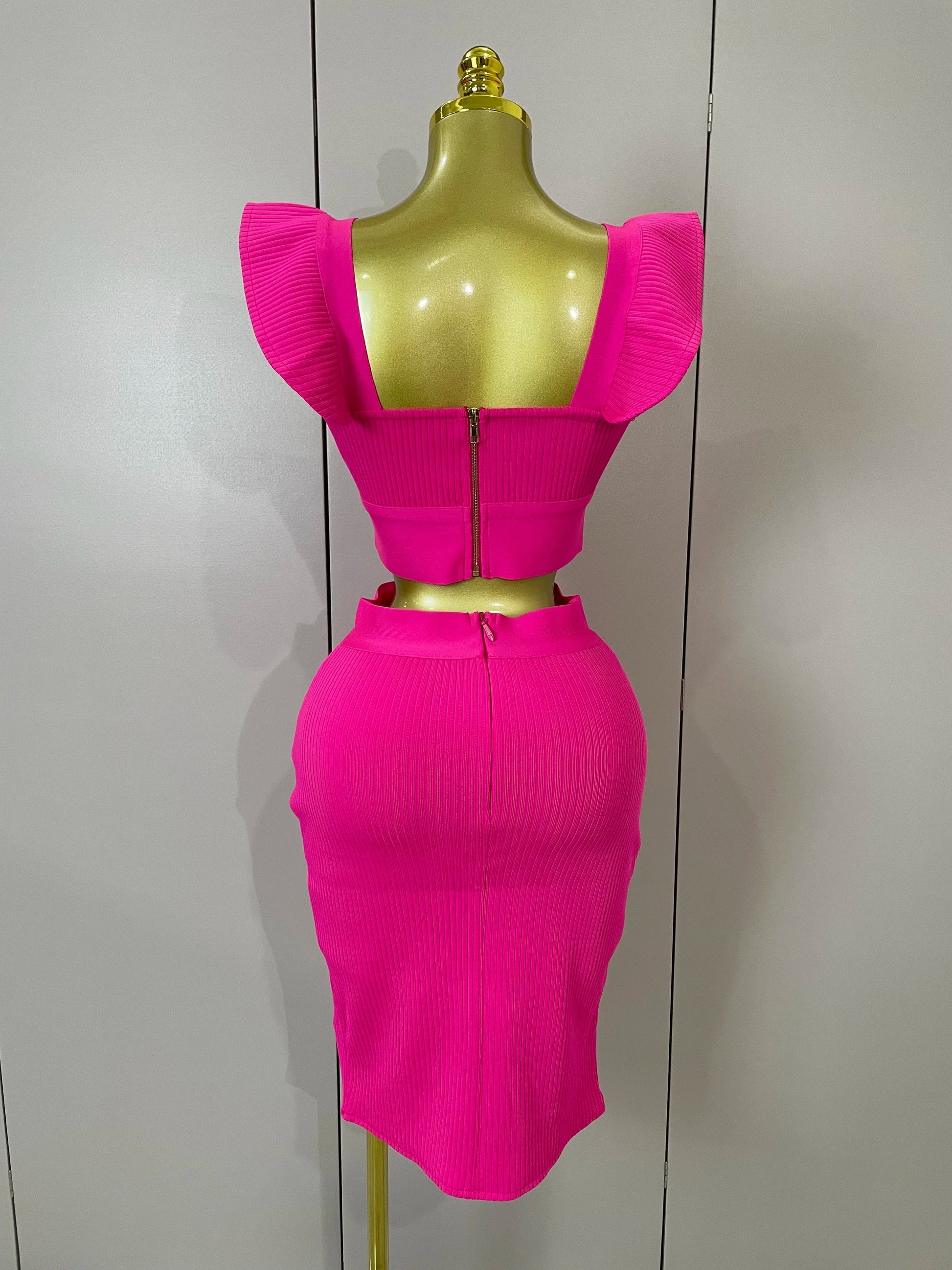 Women Sexy Backless Ruffles Red Bandage Two Pices Set Celebrity Evening Elegance Birthday Party Dress