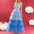 Patchwork Blue Prom Dress A-Line Strapless Spaghetti Strap Tiered Ruched Formal Evening Dress Floor Length Party Gown As Picture