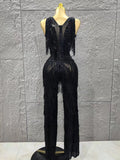 Black Color Women Sleeveless Sexy V-Neck Shinning Tassels Bodycon Jumpsuit Celebrate Birthday Party Peformance Stage Wear