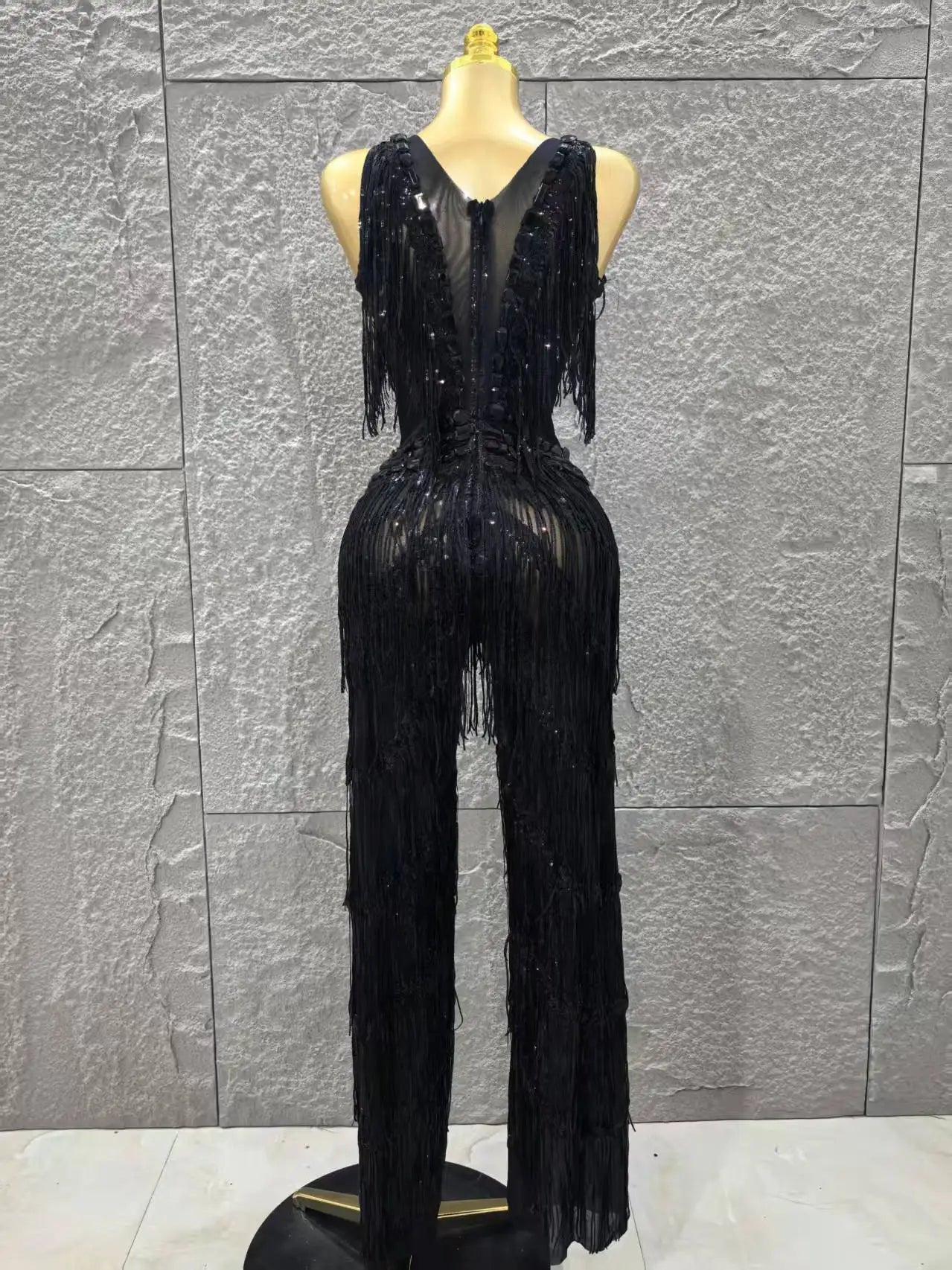 Black Color Women Sleeveless Sexy V-Neck Shinning Tassels Bodycon Jumpsuit Celebrate Birthday Party Peformance Stage Wear