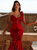 Red Color Women Sexy One Shoulder Florals Fashion Bodycon Long Bandage Dress Wedding Party Celebrate Birthday Cocktail Outfit