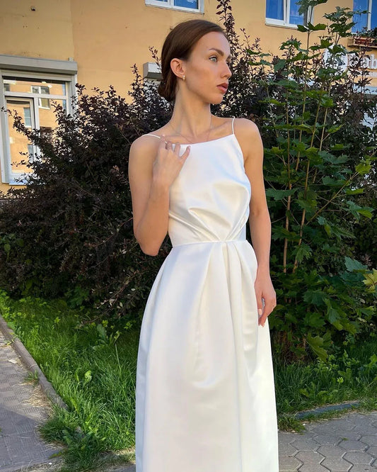 Simple A Line Satin Wedding Dress Halter Tea Length Bride Gown Engagement Banqut Party Gown Robe De Marie