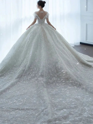 Princess Luxury Crystal Beaded White Tulle Puff Wedding Dress Simple Bride Gown Off White Long Train