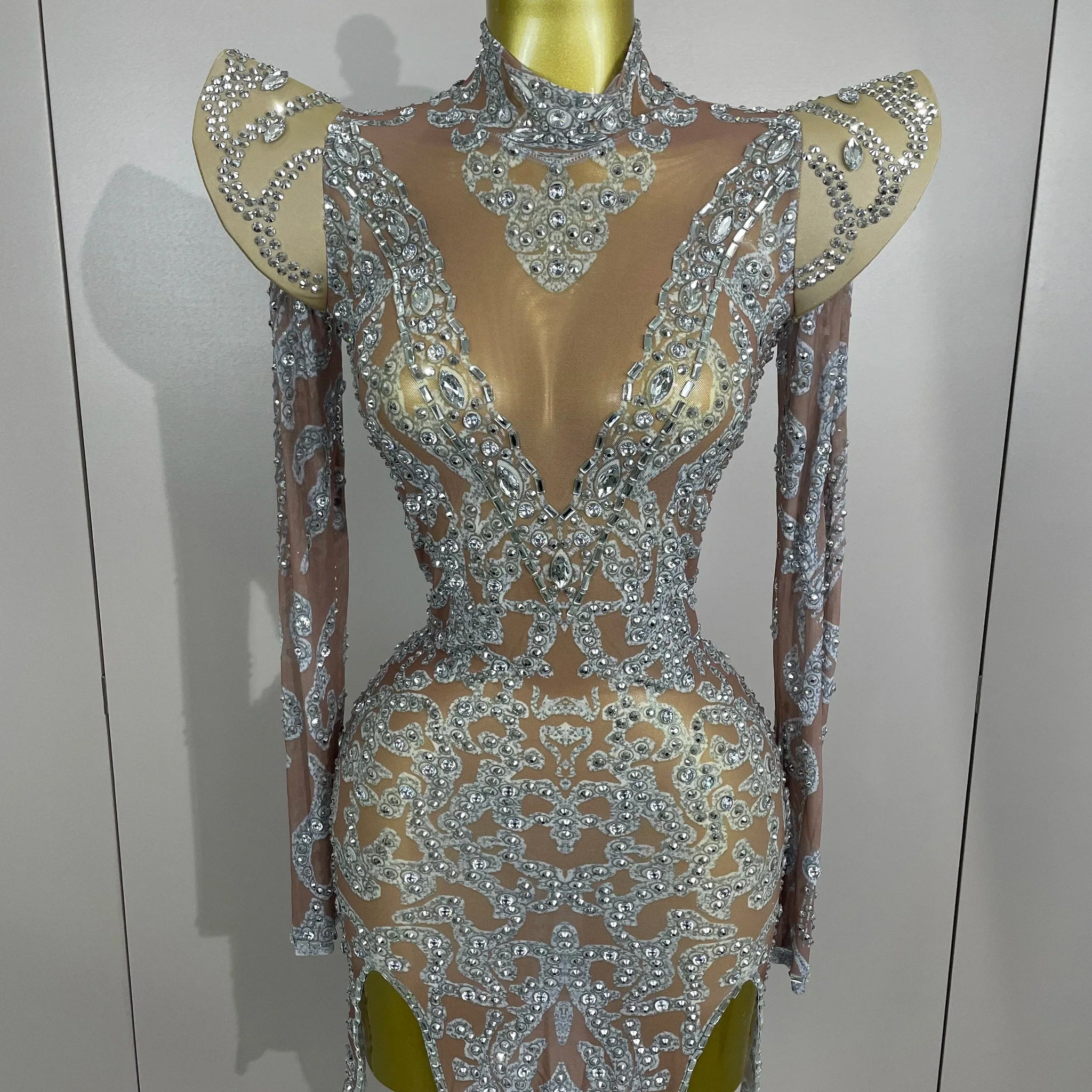 Sexy Singer Stage Drag Queen Costume Women Shiny Rhinestones Transparent Short Dress Birthday Celebrate Photoshoot Dress Dark Brown