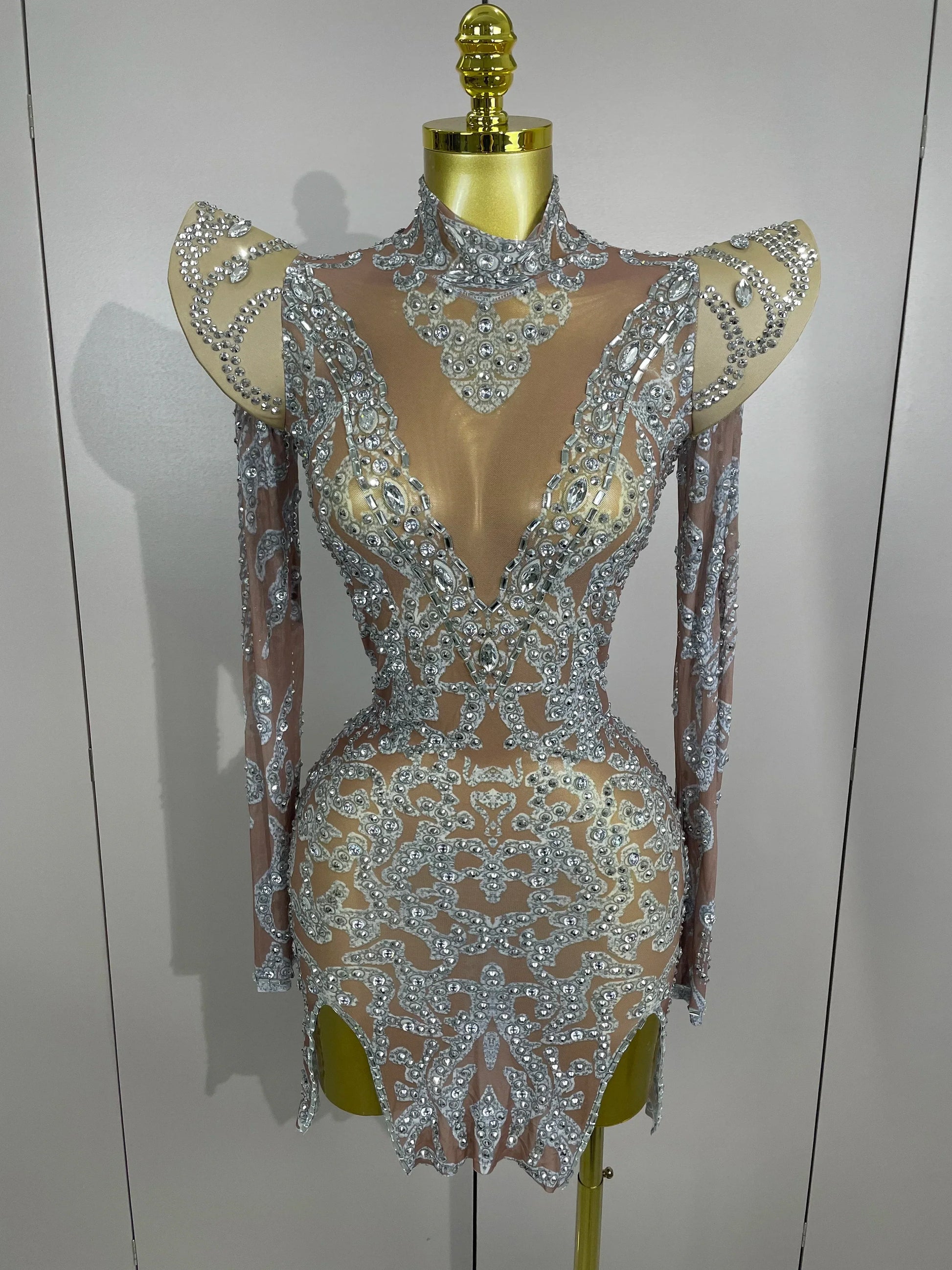 Sexy Singer Stage Drag Queen Costume Women Shiny Rhinestones Transparent Short Dress Birthday Celebrate Photoshoot Dress Dark Brown