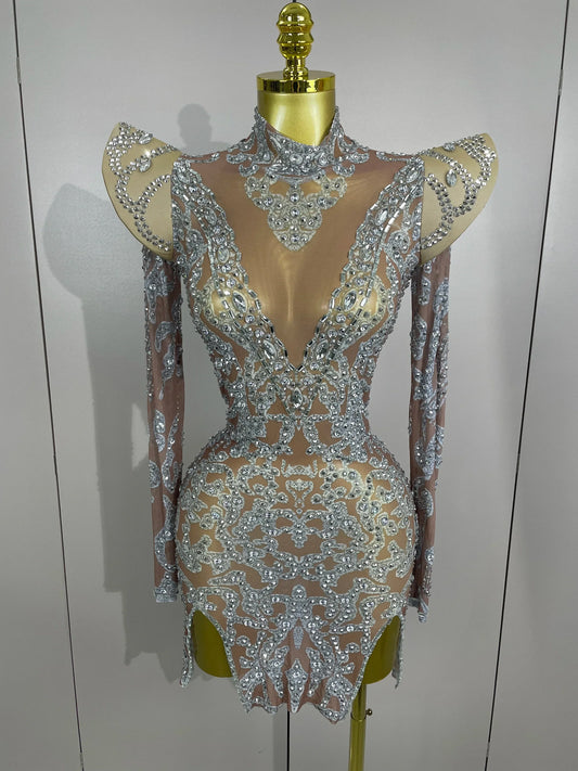 Sexy Singer Stage Drag Queen Costume Women Shiny Rhinestones Transparent Short Dress Birthday Celebrate Photoshoot Dress Dark Brown