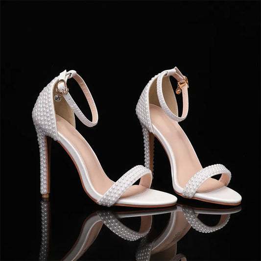 Luxury Pearls Rhinestones Ankle Strap Women Sandals Fashion Summer Stiletto High heels Pumps Sandals Wedding Bridal Prom Shoes