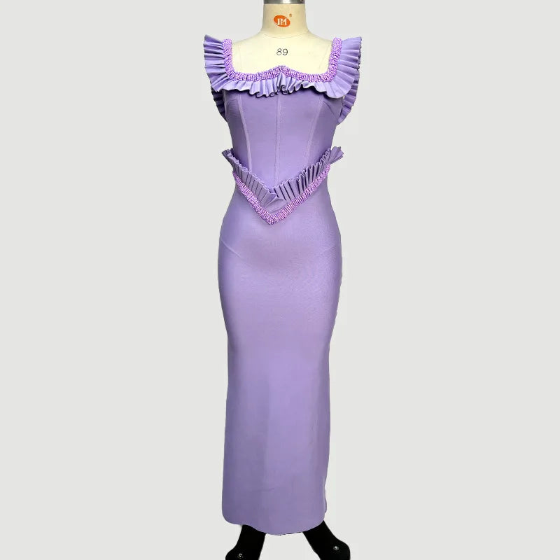 Women Celebrity Sexy O Neck Ruffles Purple Beading Maxi Long Bodycon Bandage Dress Elegant Evening Club Party Dress