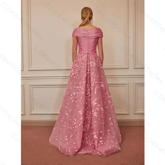 Elegant Pink Long Evening Dresses Women Off the Shoulder Appliqued Organza Formal Occasion Dress فساتين السهرة