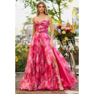 Strapless Floral Print Organza Prom Dress A-line Sleeveless Formal Evening with Side Split and Sweep Train As Picture