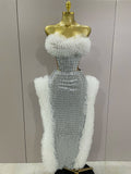 Sparkly Rhinestone Sexy Strapless Tops Skirt 2 PCS Set Women Celebrate Evening Prom Birthday Dress Nightclub Stage Outfit WHITE