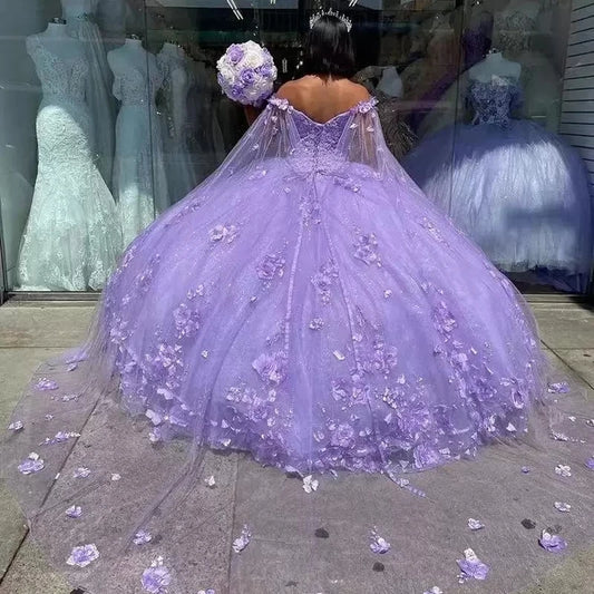 Vestido de fiesta de lavanda, vestidos de quinceañera con capa, 15 vestidos de fiesta de Cenicienta con flores 3D, 16 vestidos de princesa con envoltura