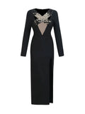 Sexy Women'S Light Luxury Nail Bead Bandage Dresses V-Neck Long Sleeved Hollow Design Bodycon Split Length Dress Vestidos