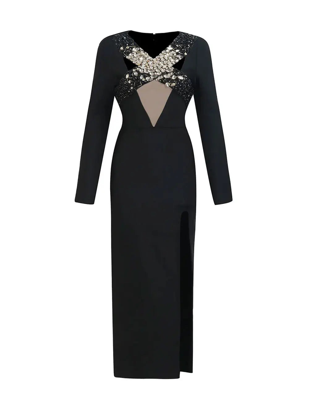 Sexy Women'S Light Luxury Nail Bead Bandage Dresses V-Neck Long Sleeved Hollow Design Bodycon Split Length Dress Vestidos