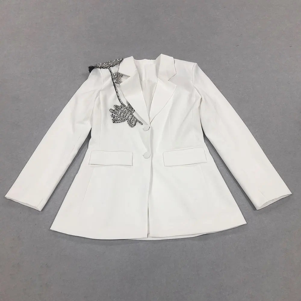 Elegant Women Office OL Blazer Polo Collar Long Sleeve Slim Fit Single breasted Stereoscopic Water Diamond Flower Suit Coat WHITE