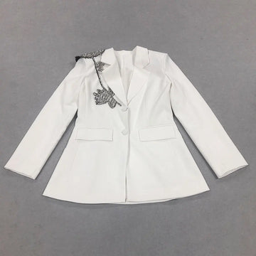 Elegant Slim Fit Women’s Office Blazer with Polo Collar, Long Sleeve, Synthetic Fiber, Single Breasted, 3D Water Diamond Flower Decoration WHITE