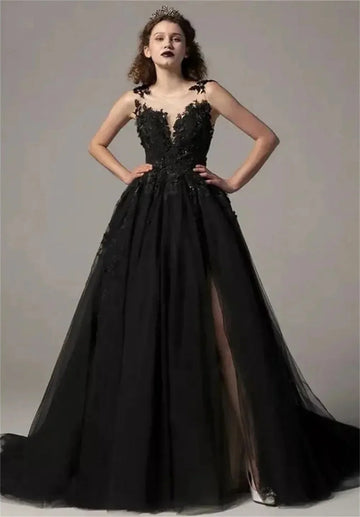 Black Sleeveless A-line Prom Dress Gothic Side Split Vestidos De Noche 3D Lace Embroidery Prom Dress Black Wedding Dress