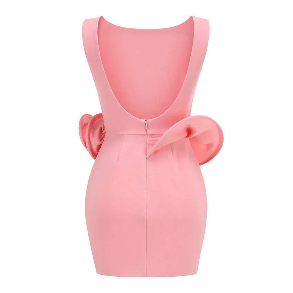 Summer Pink Color Women Sleeveless Sexy O-Neck Backless Bodycon Mini Dress Celebrate Girls' Birthday Party Outfit Vestido