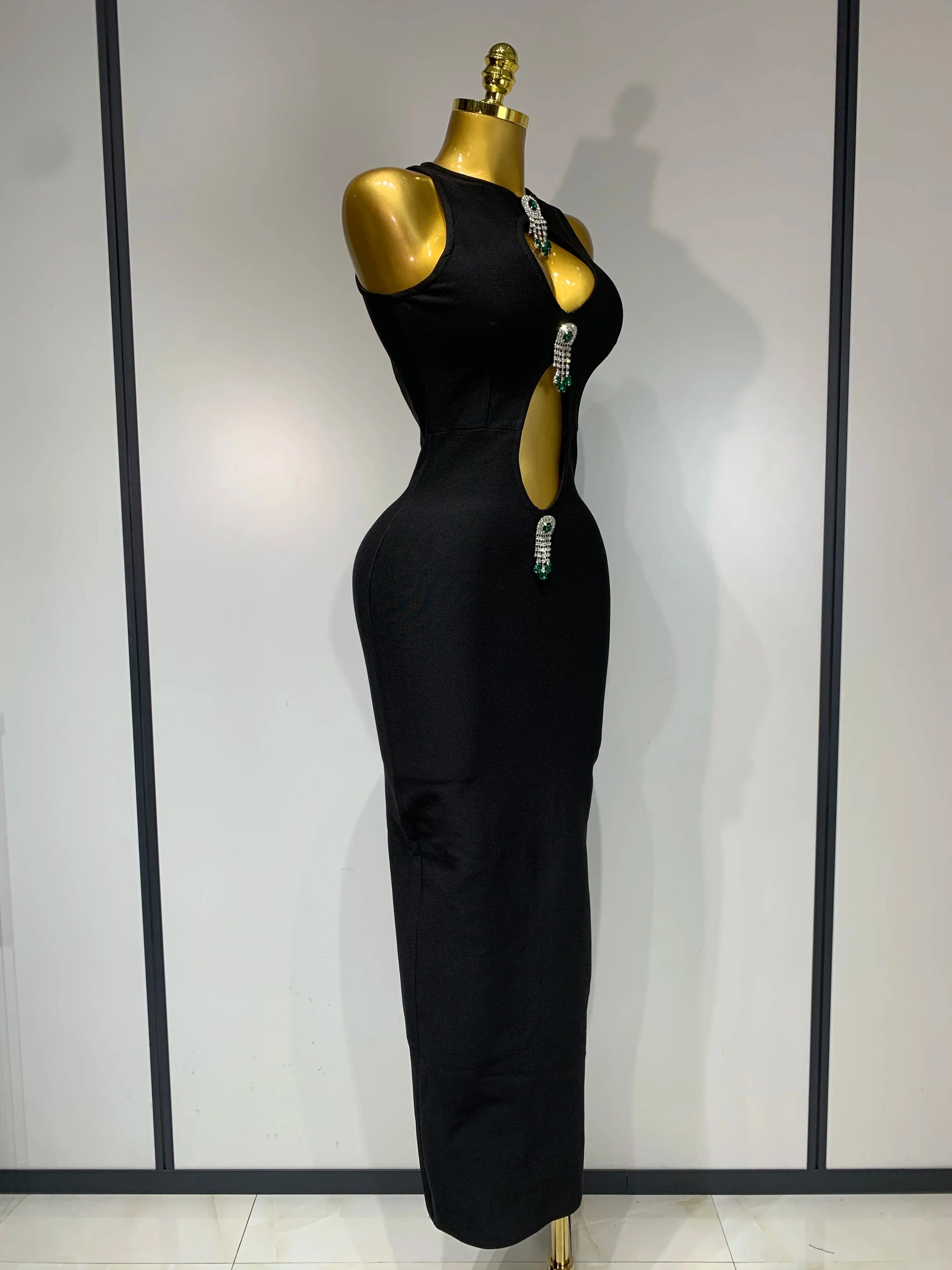 Women Celebrity Sexy Cut Out Diamonds Black Long Bodycon Bandage Dress Elegant Evening Club Party Luxury Birthday Dresses